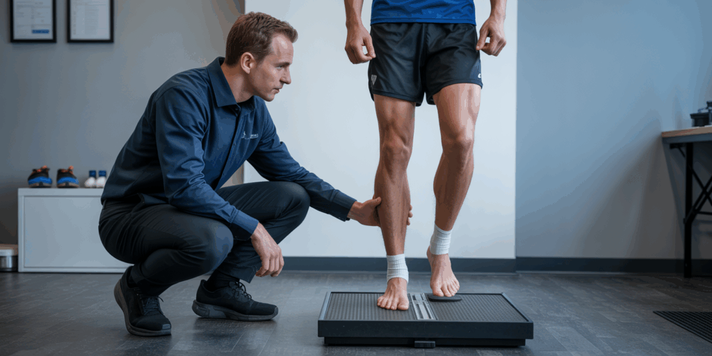 Podologue qui réalise le bilan podologique d'un sportif