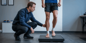 Podologue qui réalise le bilan podologique d'un sportif
